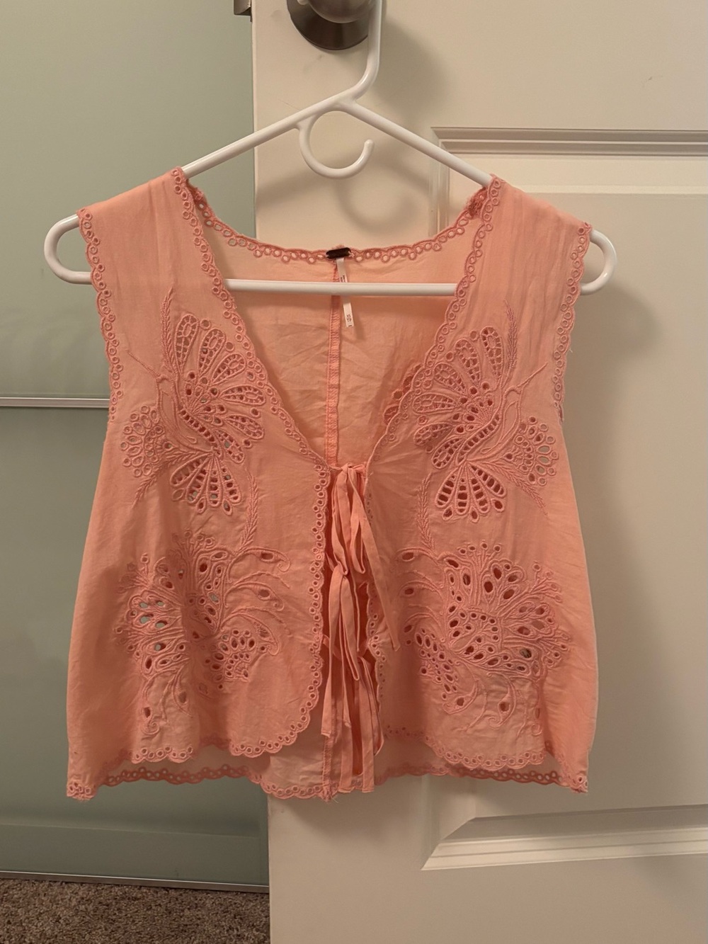 Free People Pink Embroidered Tie-Front Top